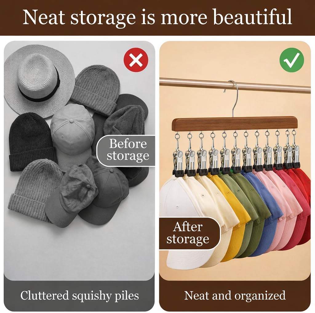 Closet Organizer with 10 Clips, 2PCS Space Saving Hanging Closet Organizer, Space-Saving Hat Scarf Clothespins for