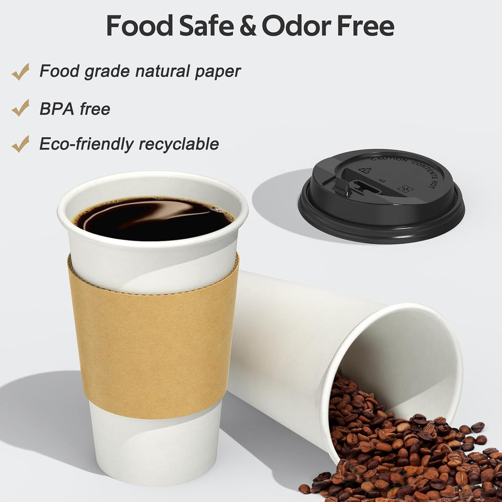 100 Pack 16 oz Disposable Coffee Cups with Lids and Sleeves