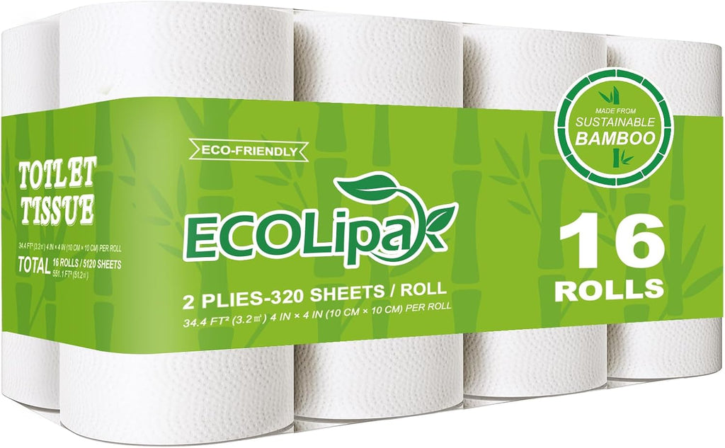 Bamboo Toilet Paper 2 Ply, 16 Double Rolls, 320 Sheets, White
