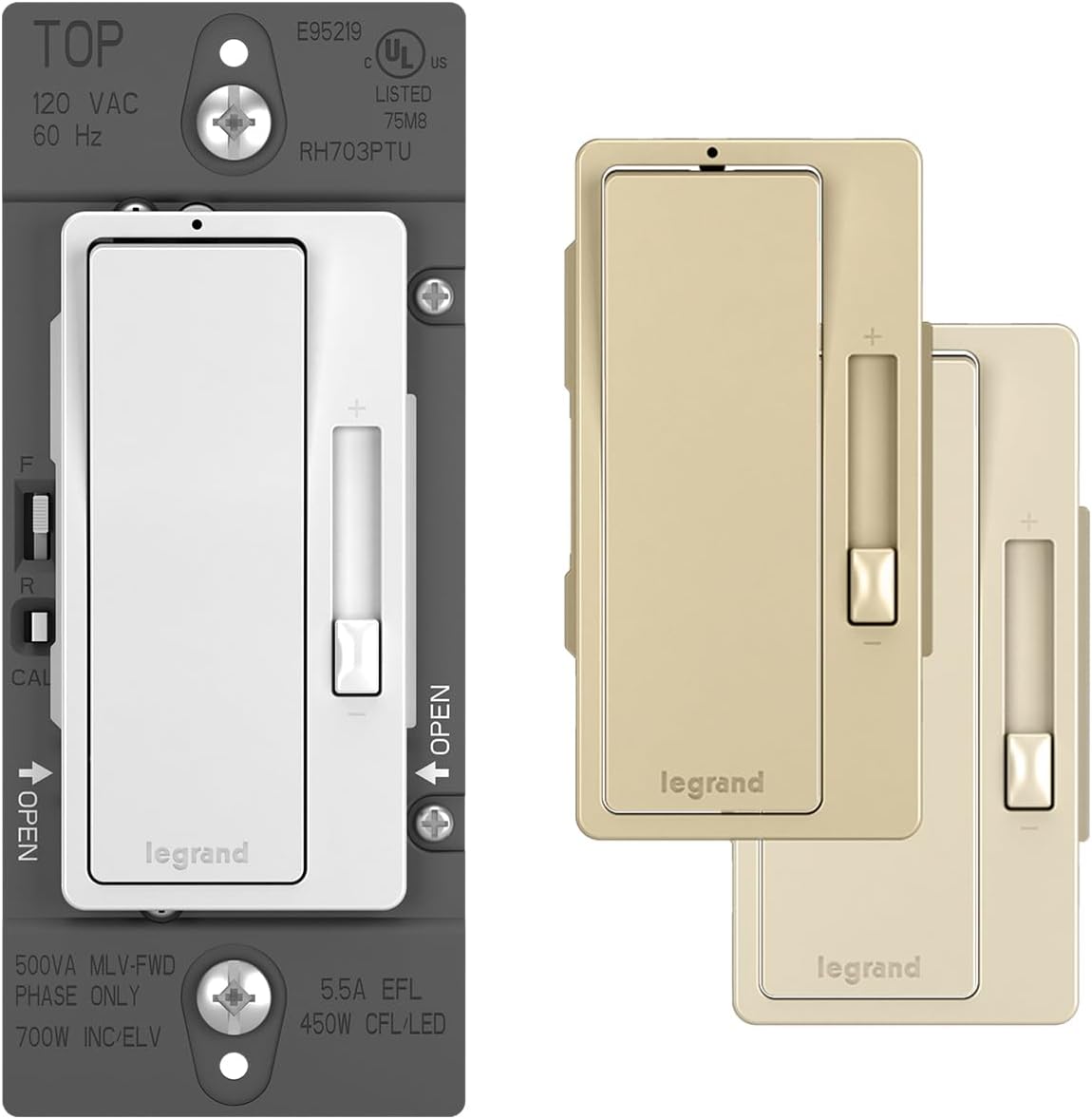 Legrand Pass & Seymour Radiant LED Dimmer Light Switch, Single Pole with Locator, For Home Lighting Control, Interchangeable Faceplate White/Ivory/Light Almond, RH703PTUTCCCV4, 1 Count