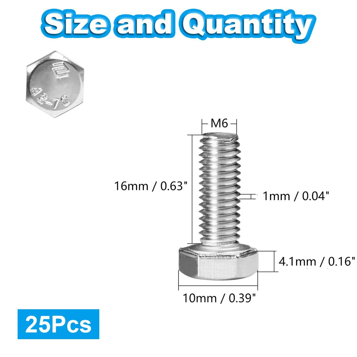 25 Pcs M6 Hex Bolts M6-1.0 x 16mm Hex Head Screw Bolt