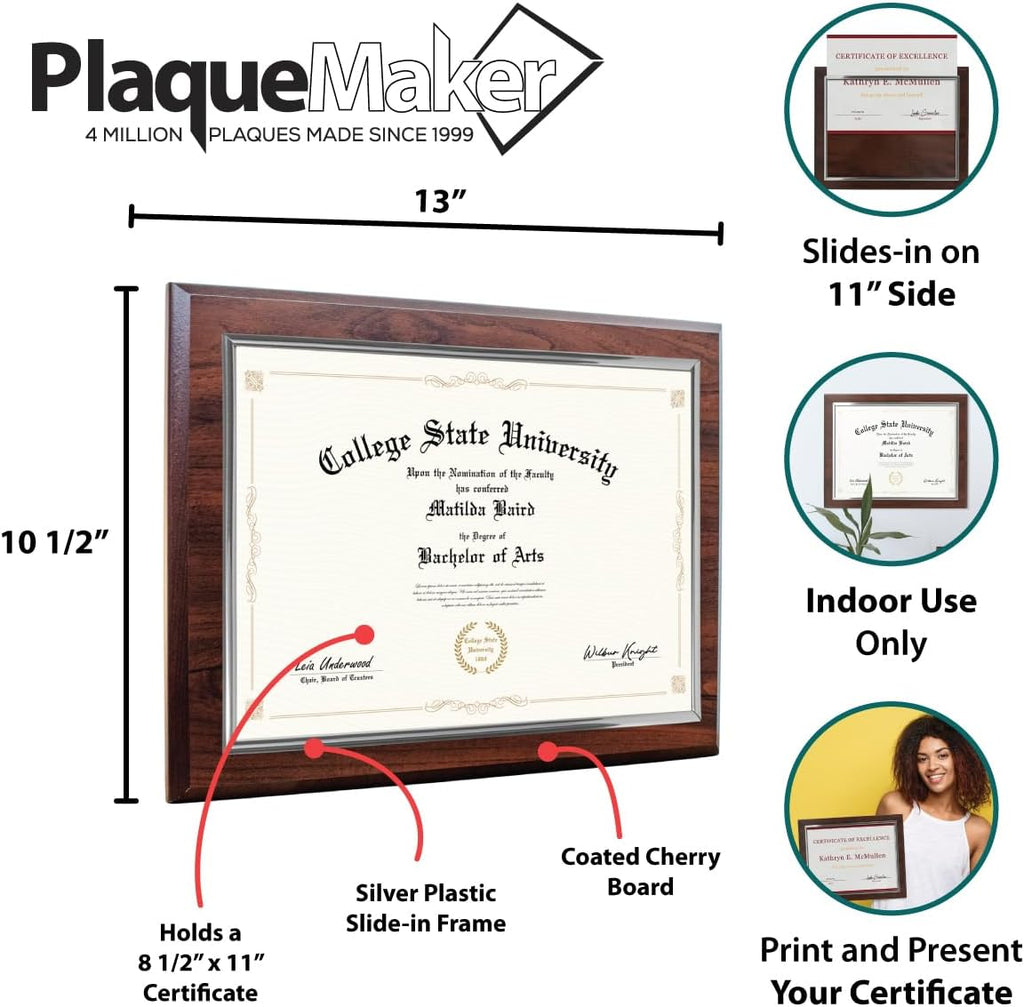 Certificate Frame Plaque, Diploma Frame, 8.5 x 11 Slide In | PlaqueMaker Certificate Plaque Award Frame 8.5 x 11