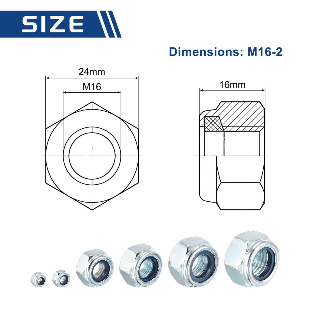 Kozelo 5Pcs M16-2 Nylon Locking Hex Nuts CarbonSteel Blue and White