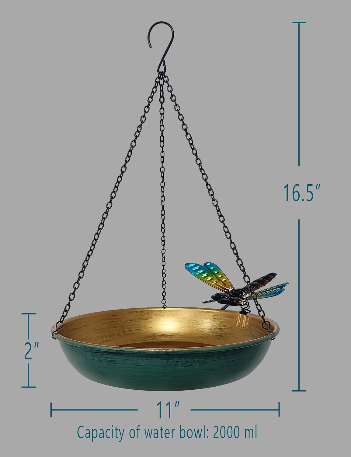 Hanging Bird Bath & Feeder Outdoor, 11 in Green/Bronze Metal Birdbath Bowl
