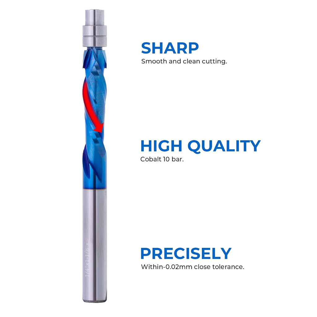 1/4" Shank Spiral Flush Trim Router Bit, 1/4" Dia.1-1/8" Cut Length & 3" OAL, Up&Down Compression Cut Solid Carbide