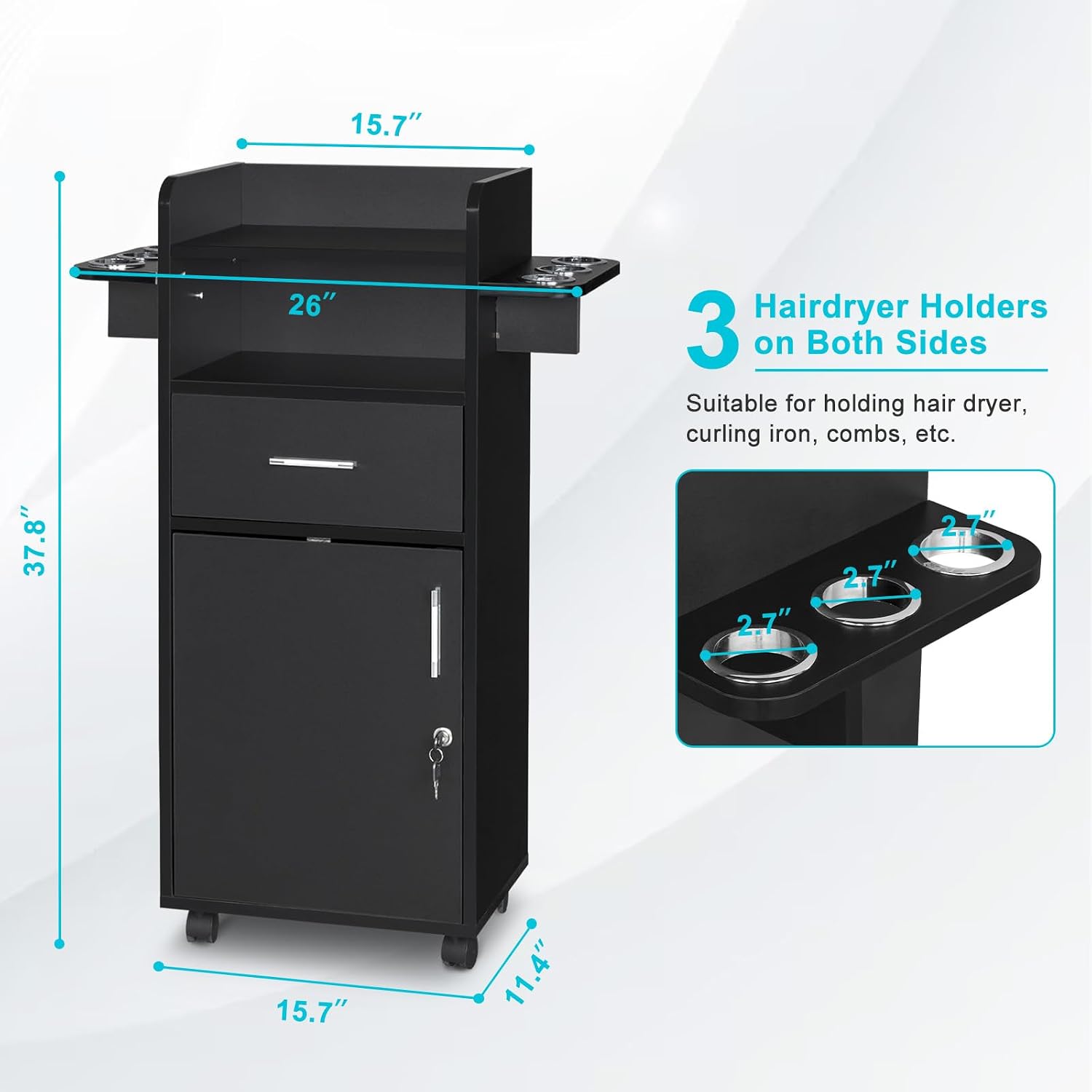 Beauty Salon Trolley Cart with 6 Tool Holders, 1 Drawer | Lockable Salon Cabinet with 360° Wheels, Mobile Salon