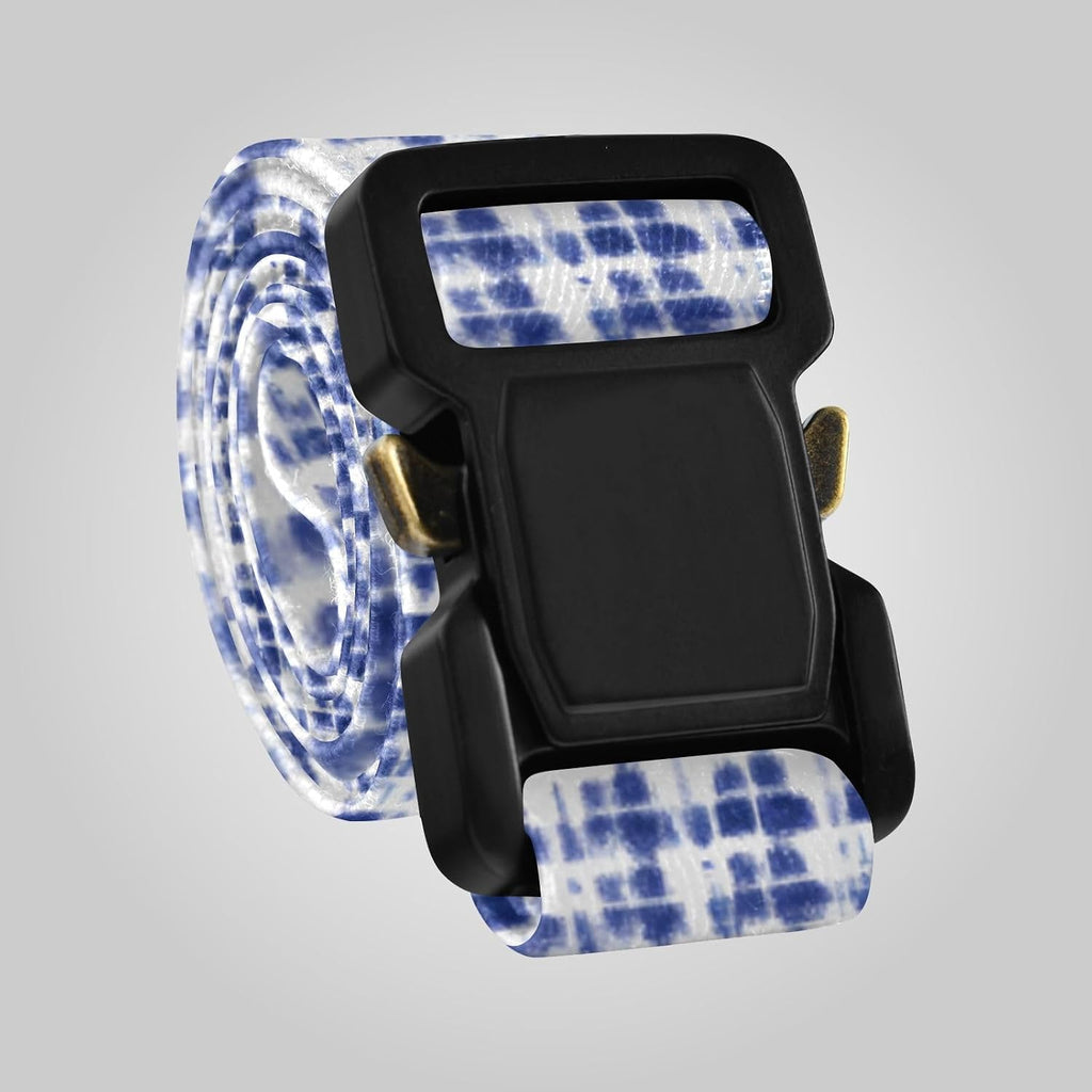 Blue White Tie Dyed Print Kids Belt, Adjustable Elastic Belts for Boys Girls, Stretch Waist Belt with Metal Square