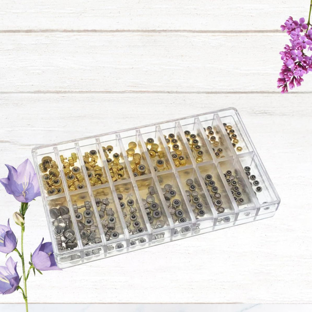 300pcs Watch Crown and Stem Parts Kit, Assorted Dome Flat Crowns