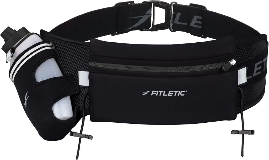 Hydration Running Belt With 12oz Quick Flow Water Bottle For Men & Women –Race Belt, Gel Holder & Bib Toggles