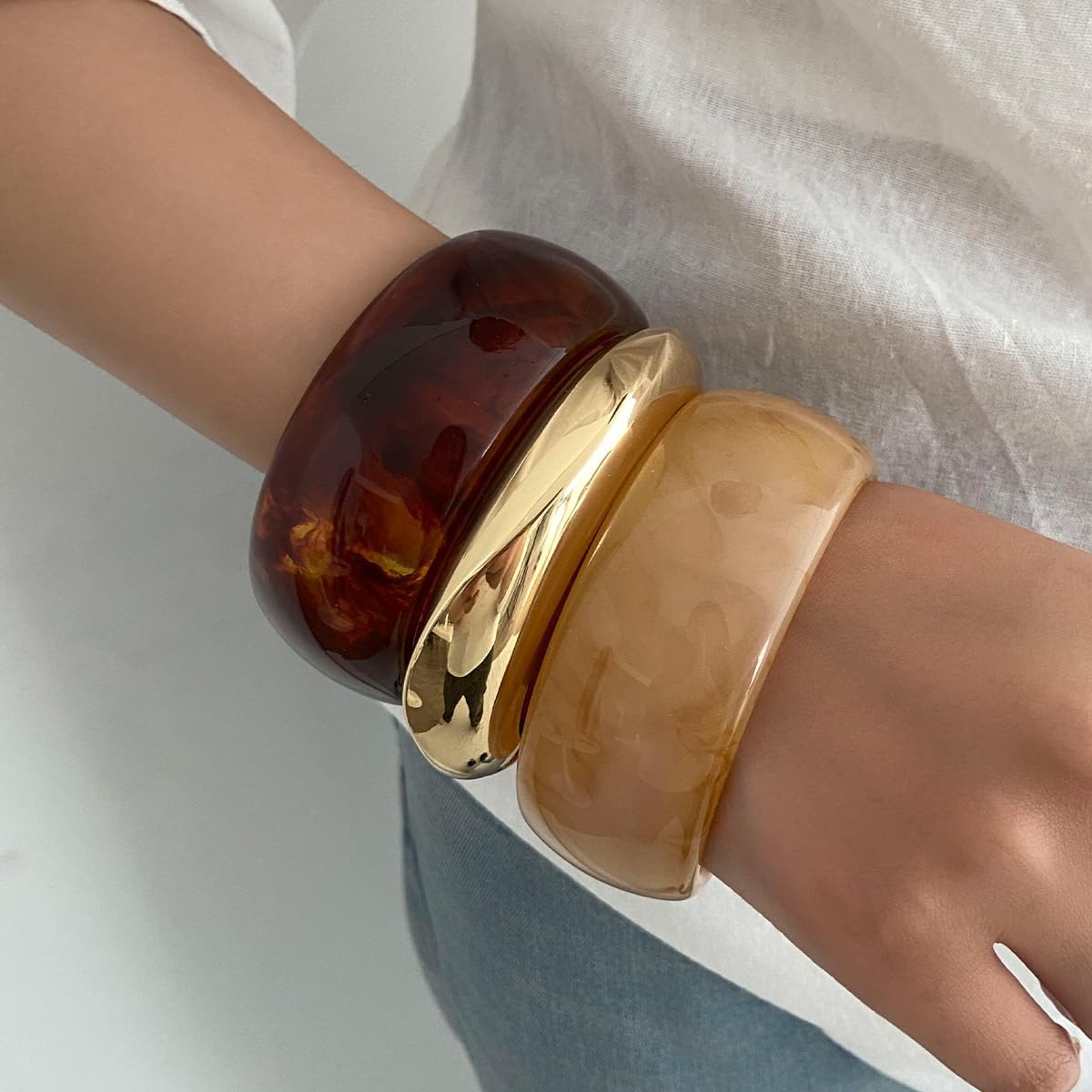 3Pcs Chunky Acrylic Bangles Bracelets Set for Women, Resin Bangle Bracelets Wide Statement Bracelets Stacking Fashion