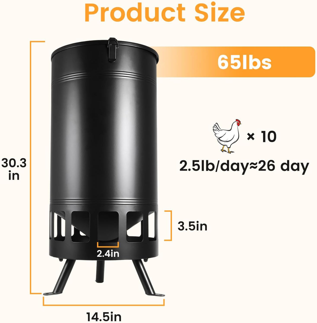 Large Chicken Feeder with 13 Ports, 65 LB Portable Gravity Poultry Feeder No Waste, Dispenser, Automatic Chicken
