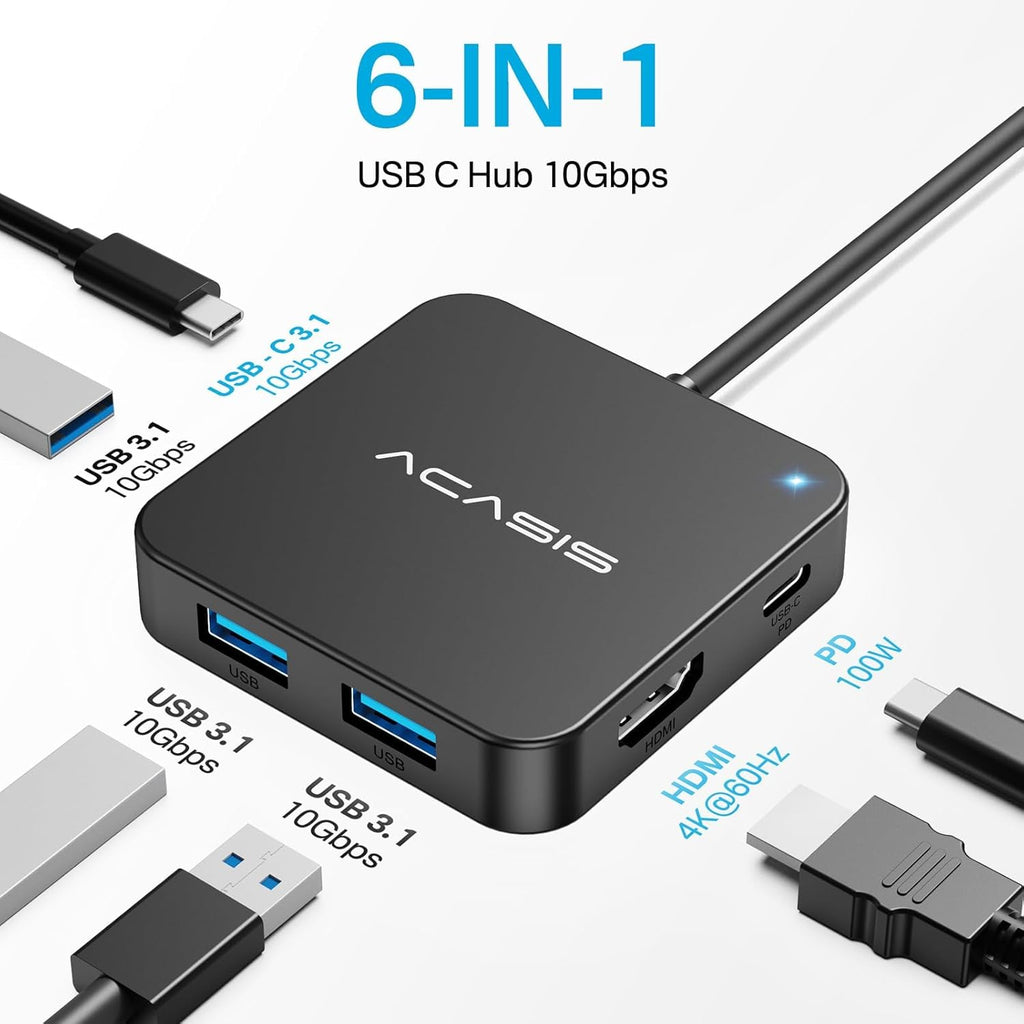 USB C Hub 10Gbps, 6-in-1 Multiport Adapter with 4K 60Hz HDMI, 100W Power Delivery, USB A3.2 Data Port, USB C to HDMI
