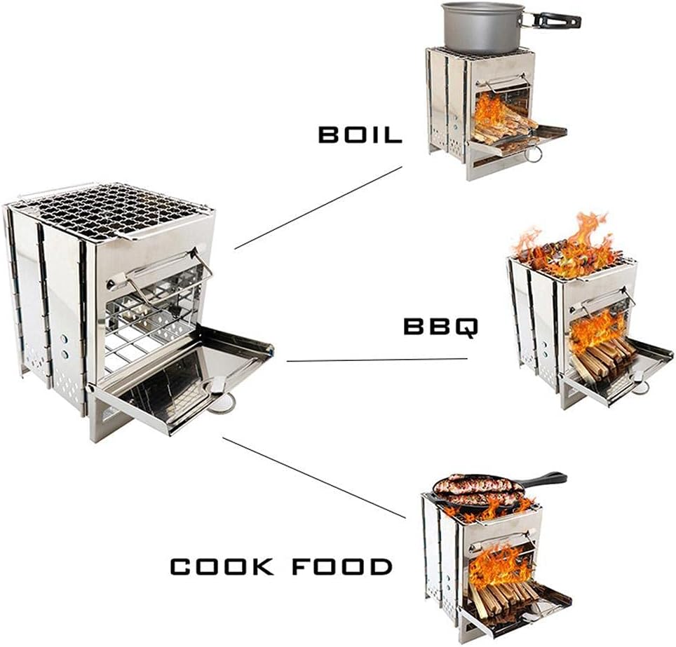 Camping Wood Burning Stove with Grill, Collapsible Backpacking Survival Rocket Stove Stainless Steel Campfire Stove