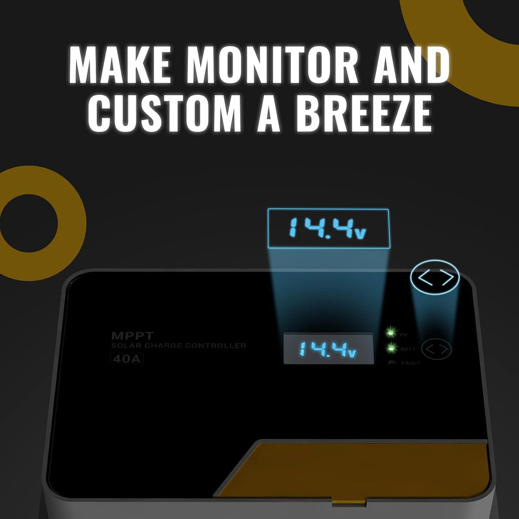 40A MPPT Solar Charge Controller 12V/24V/36V/48V Battery Regulator | with Remote APP Control, Backlit LCD Display