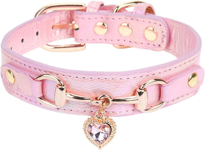 Fashion Dog Collar with Bling Diamonds & Heart Charm – 5 Holes Adjustable PU Leather Rhinestones Necklace Collar
