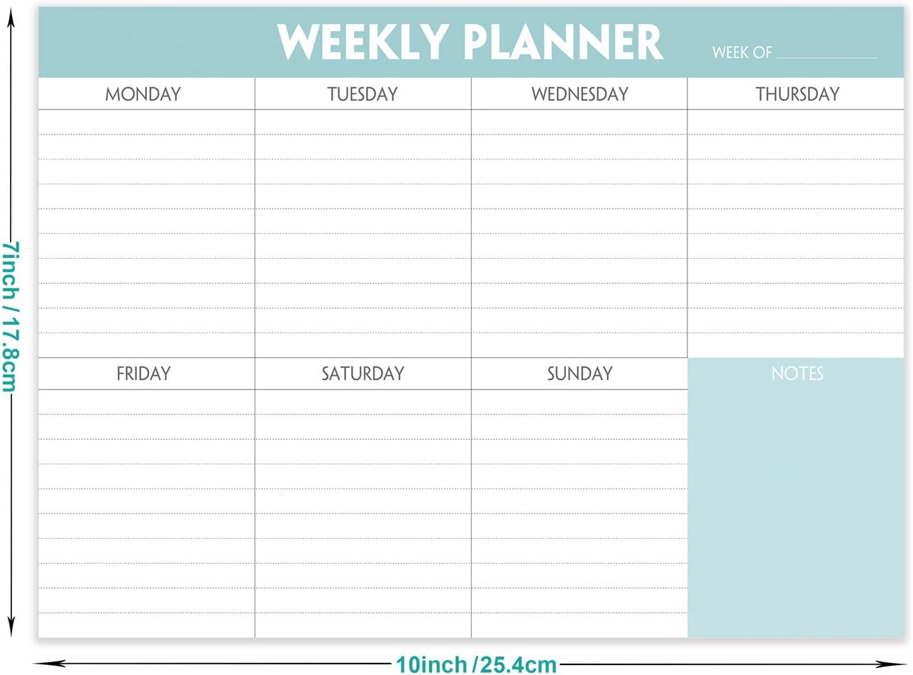 Weekly Planner Notepad - Tear Off Planning Pad with Daily Schedule & Calendar, 52 Sheets, 100gsm Paper, Undated
