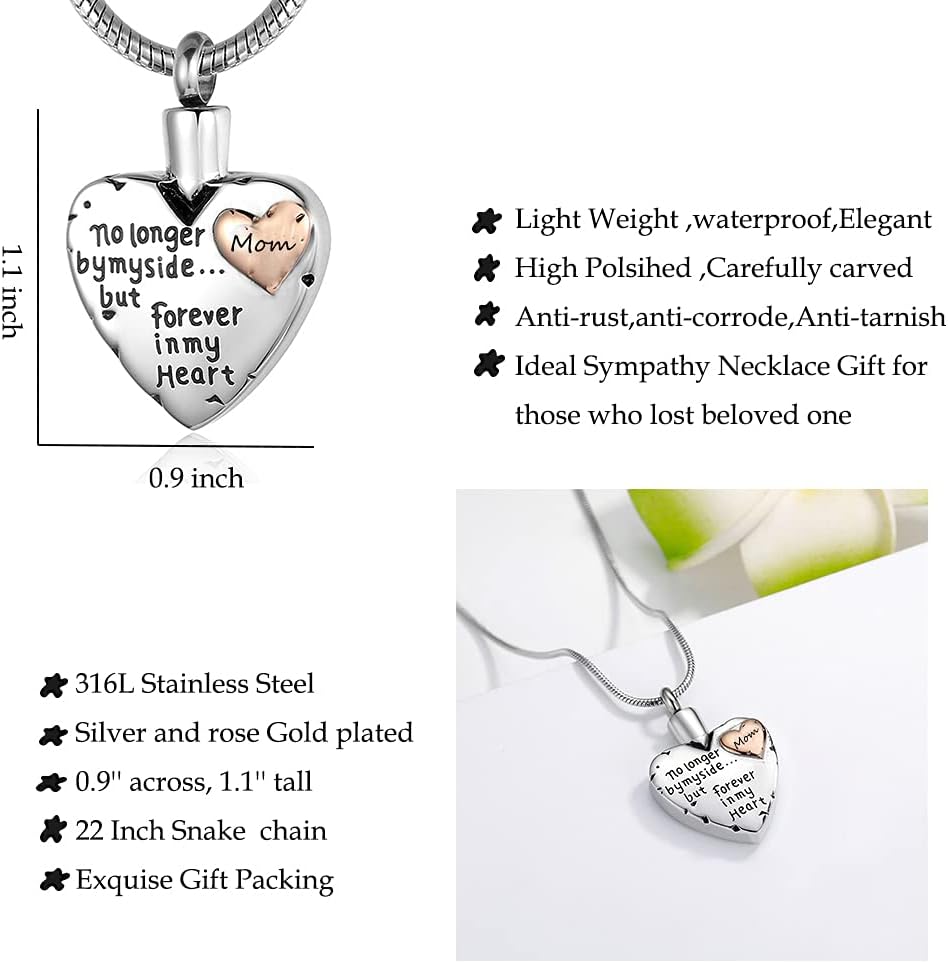 Urn Necklace for Ashes Stainless Steel Cremation Keepsake Jewelry for Ashes Women-No Longer By My Side Forever in My
