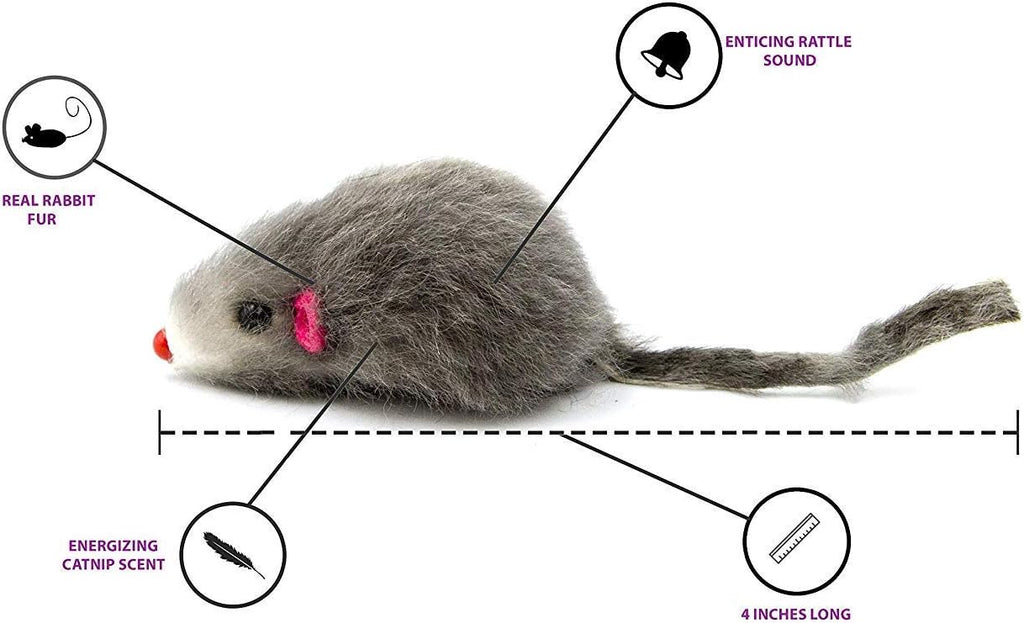 20 Furry Mice with Catnip and Rattle Sound Made of Real Rabbit Fur Interactive Catch Play Mouse Toy for Cat, Pack of