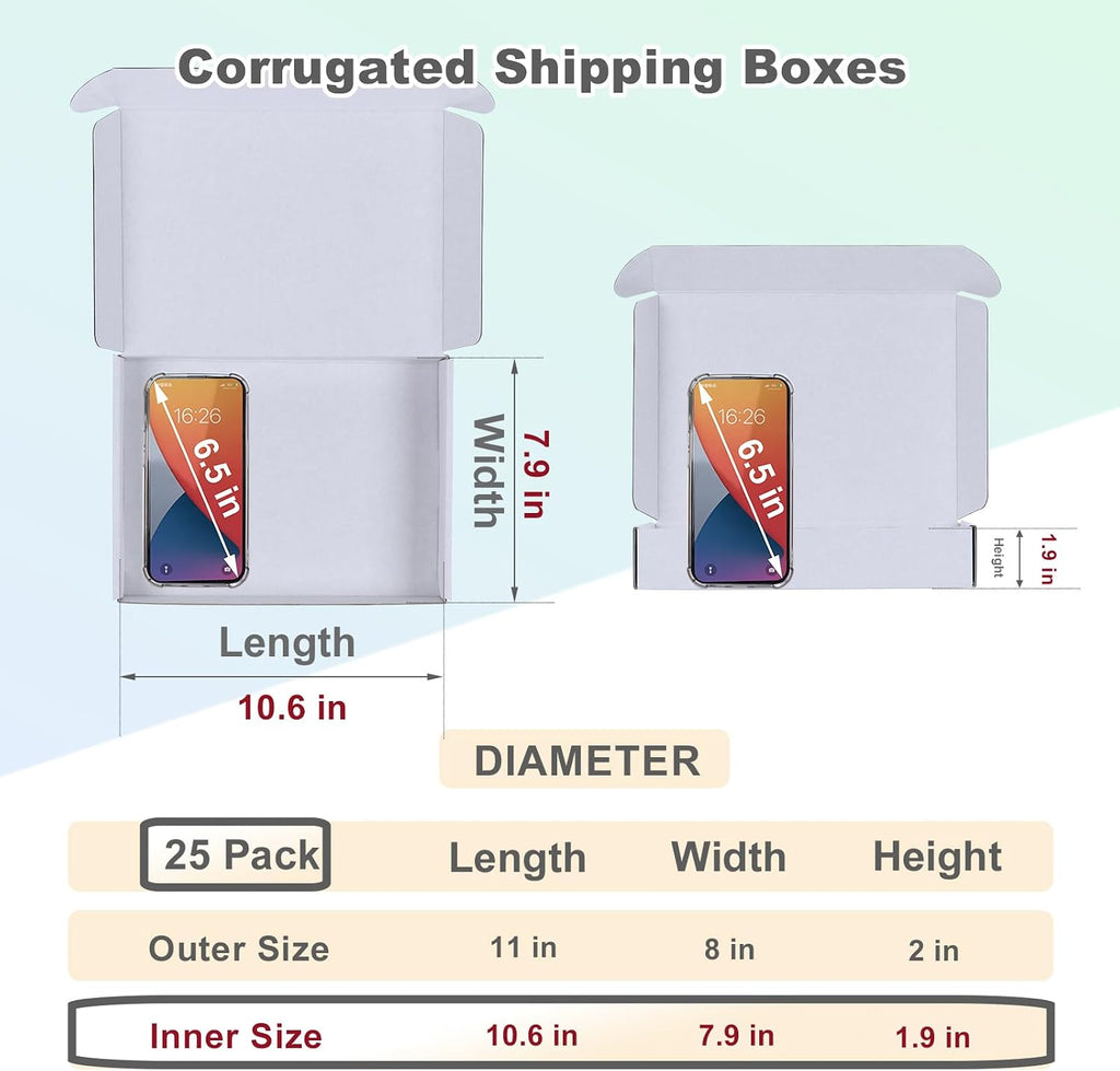 11x8x2 Inches Shipping Boxes Pack of 25, White Corrugated Cardboard Box for Mailing Packing Literature Mailer