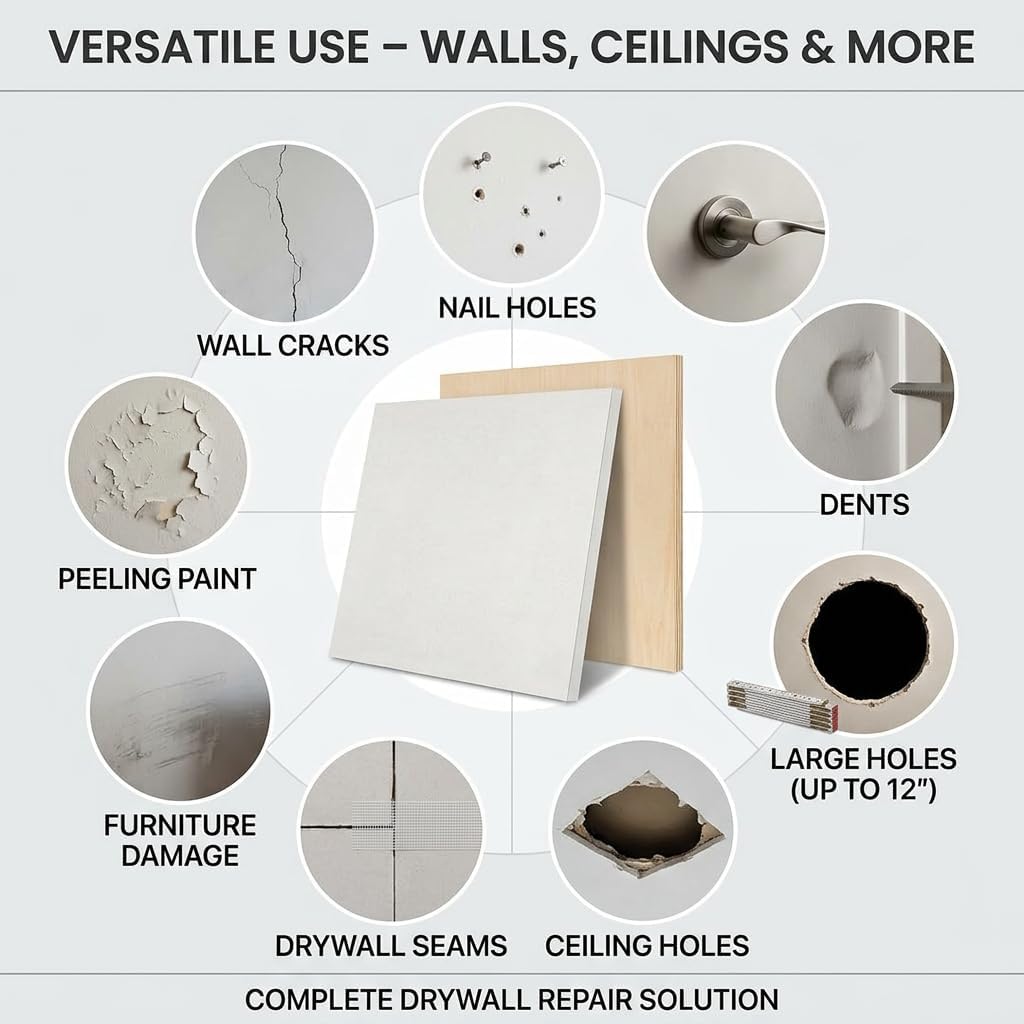 Drywall Repair Kit，34 Pcs 12x12inch Wall Patch Kit with Saw& Wood Boards | Drywall Patch Kit for Large
