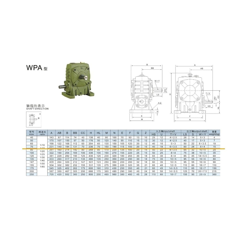 Worm Gear Reducer WPA-70-A Reducer, Speed Ratio 1:10~1:60