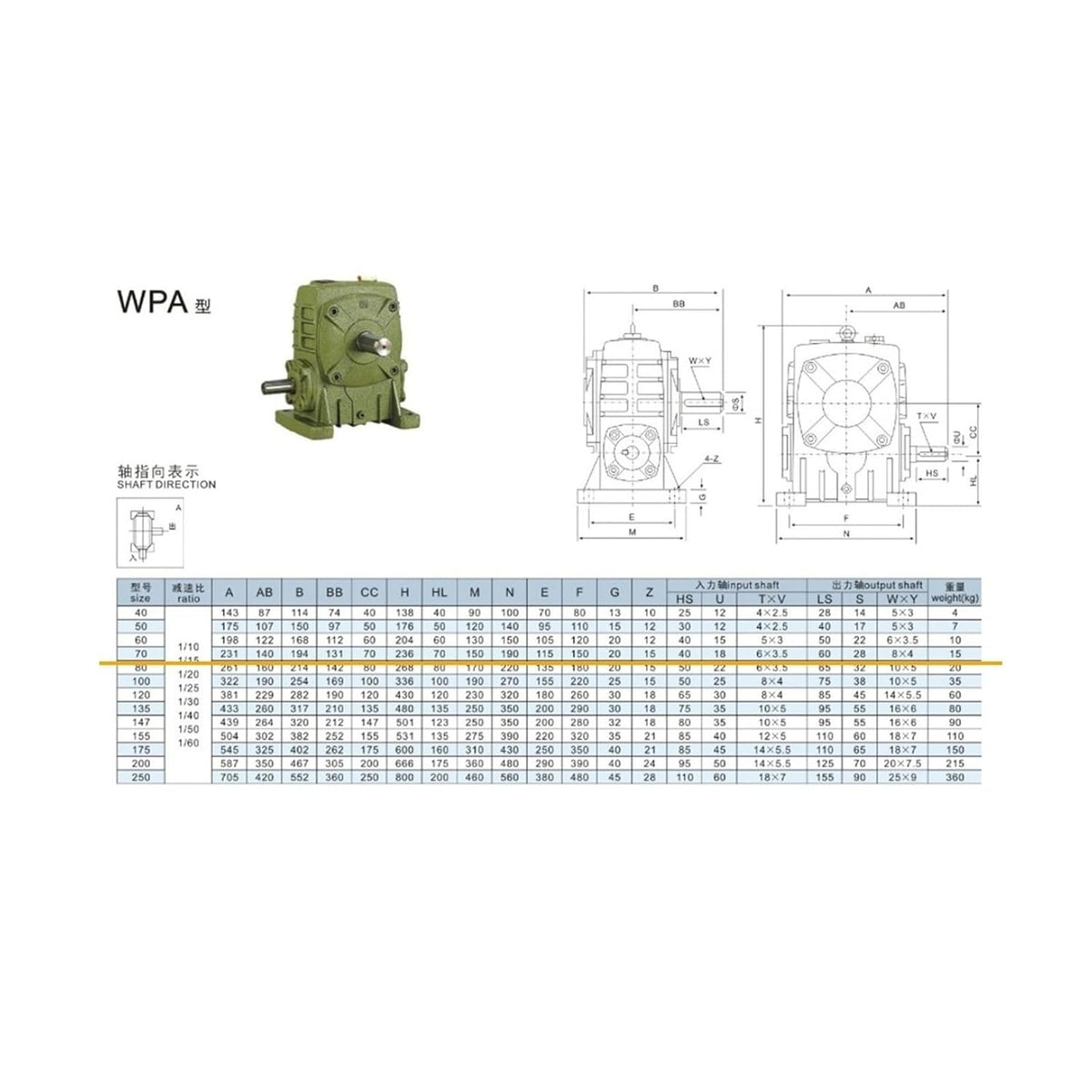 Worm Gear Reducer WPA-70-A Reducer, Speed Ratio 1:10~1:60