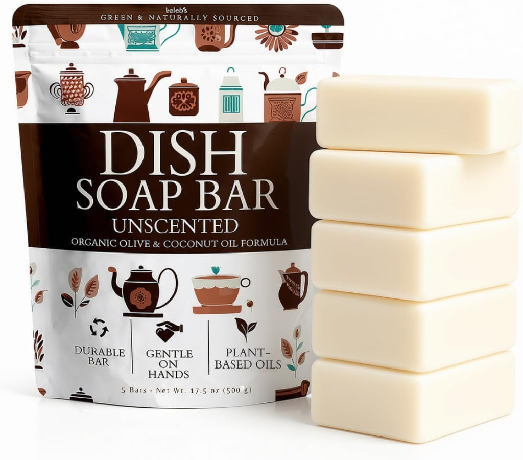 Unscented Natural Dish Soap Bar, Organic Coconut, Non-Toxic, 5-Pack