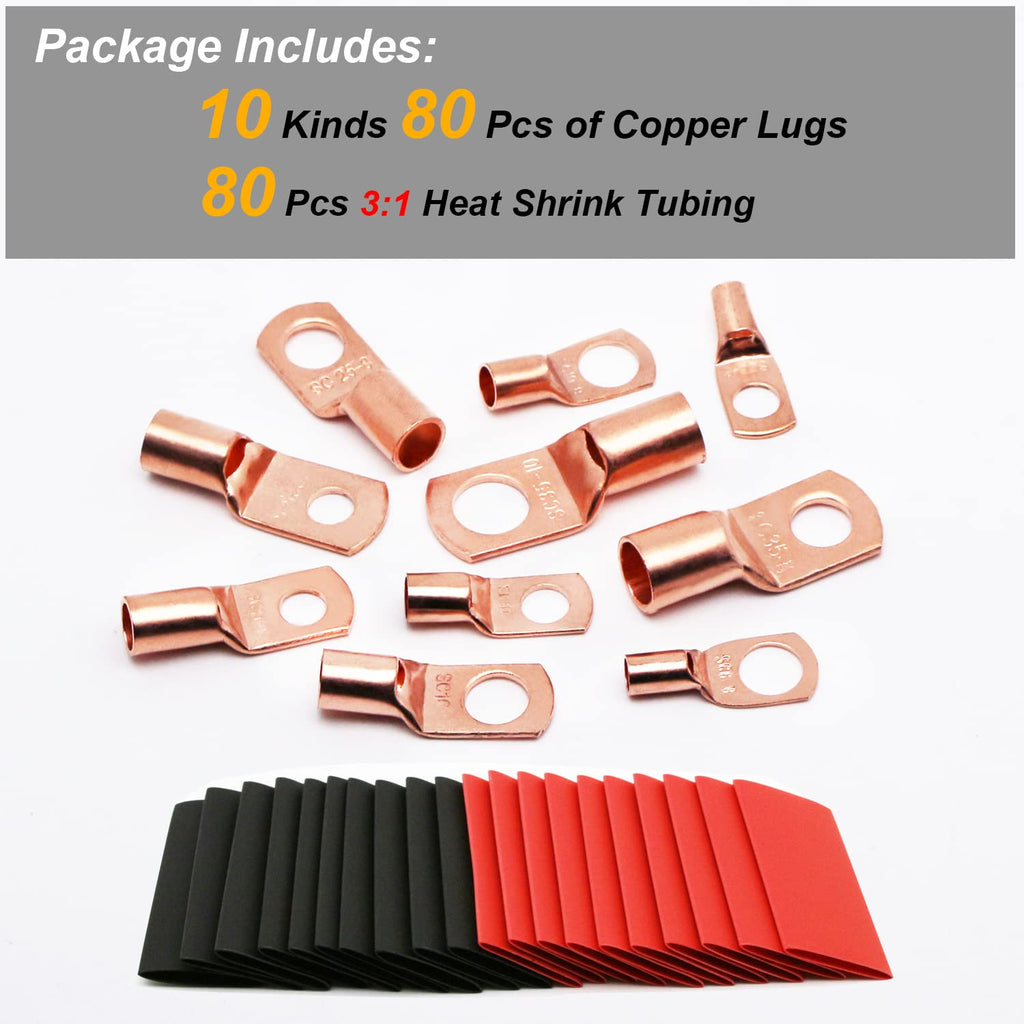 160Pcs Copper Wire Lugs AWG2 4 6 8 10 12 with Heat Shrink Set, 80Pcs Battery Cable Ends Ring Terminals Connectors
