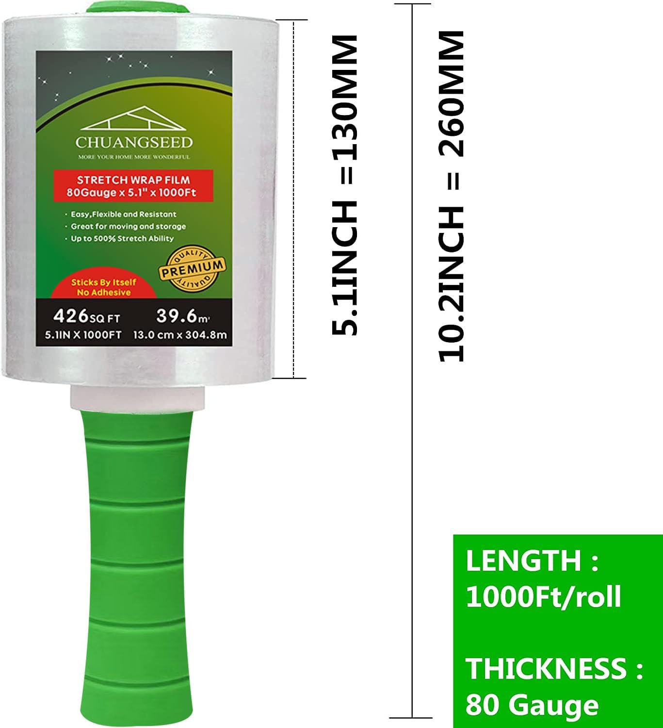 2-Pack Industrial Mini Clear Stretch Wrap Film 80 Gauge 5.1" 1000ft for Pallet Wrap with Plastic Handle,Durable