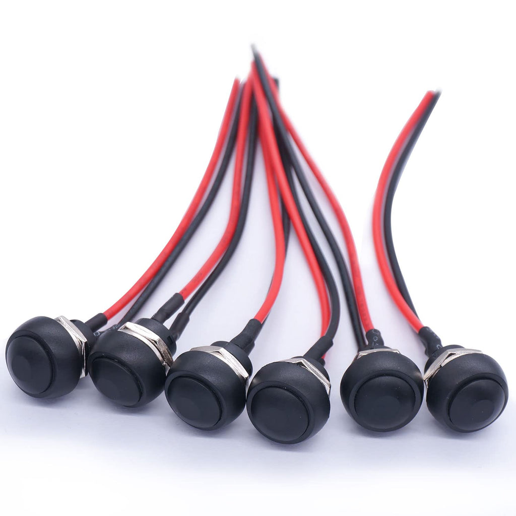 Twidec/6Pcs 12mm Momentary Push Button Switch 1/2" Mounting Hole On Off Mini Round Waterproof Black with Pre-soldered Wires PBS-33B-BK-X