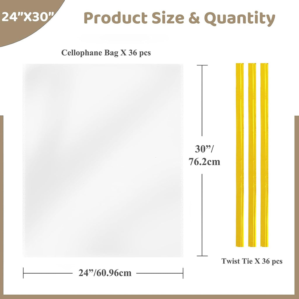 Cellophane Wrap for Gift Baskets with Twist Ties 24x30 Inches 36 PCS