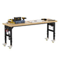 70'' Adjustable Workbench, Solid Wood Work Bench Table with Wheels and Power Outlet & Pegboard, Rolling Workbench