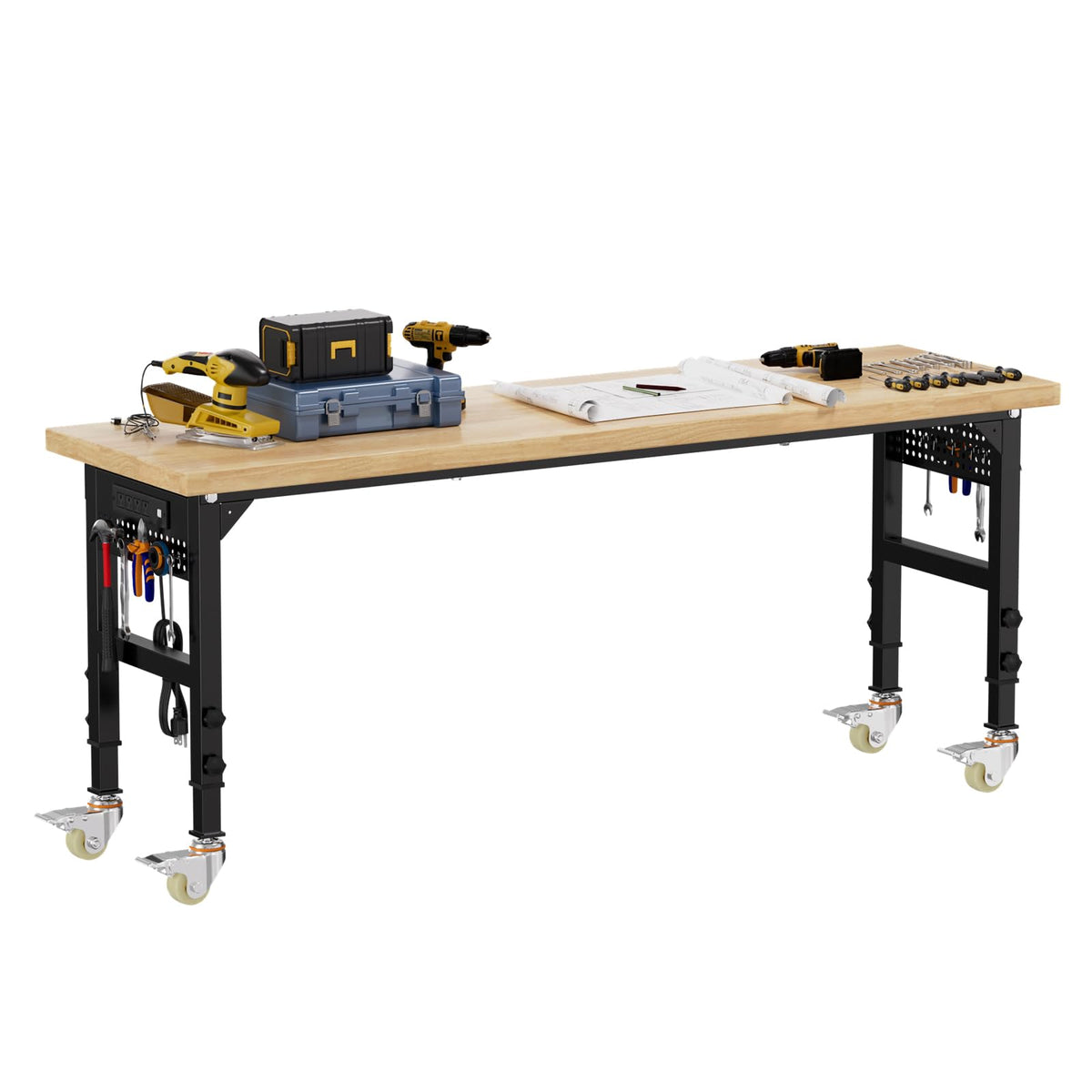 70'' Adjustable Workbench, Solid Wood Work Bench Table with Wheels and Power Outlet & Pegboard, Rolling Workbench