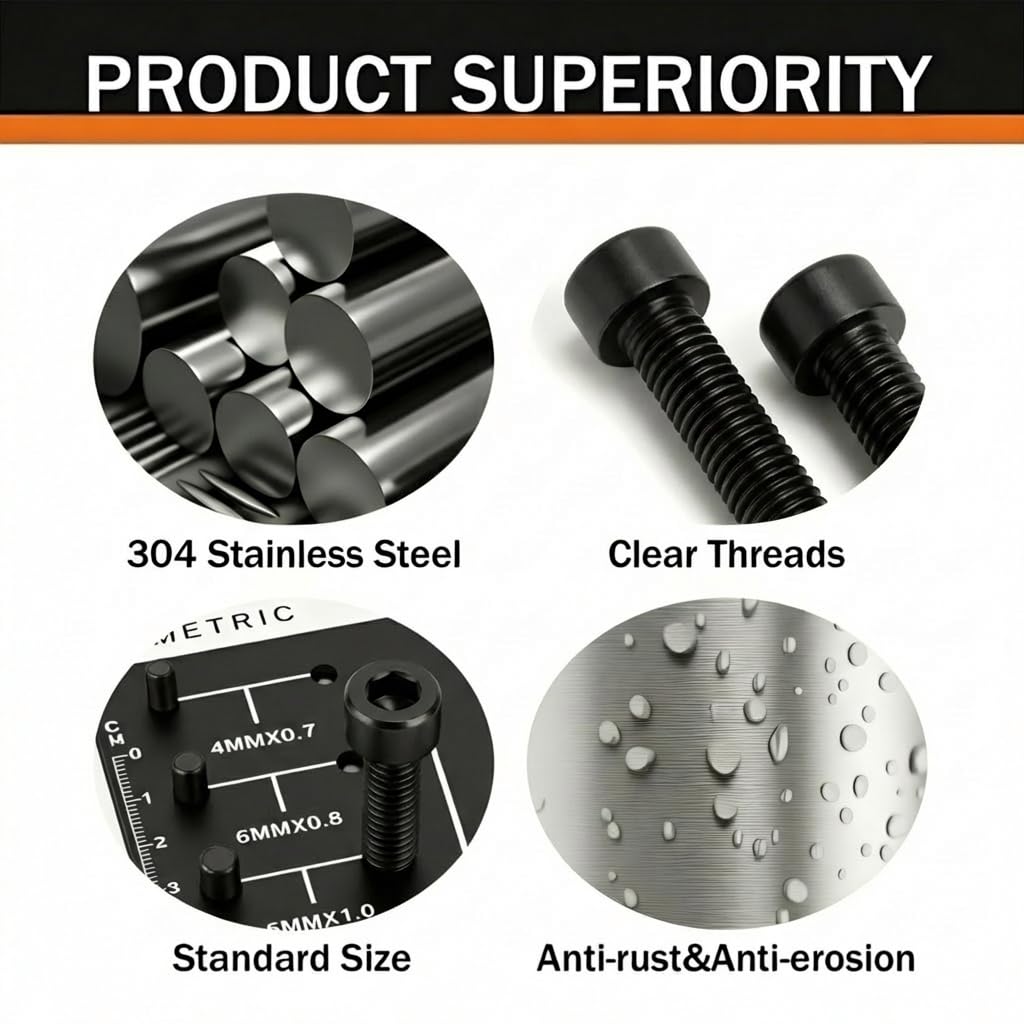 M4 x 12mm (50 Pack) Socket Head Cap Bolts with Hex Spanner, Black Oxide 304 Stainless Steel 18-8, Allen Socket Drive, Full Thread