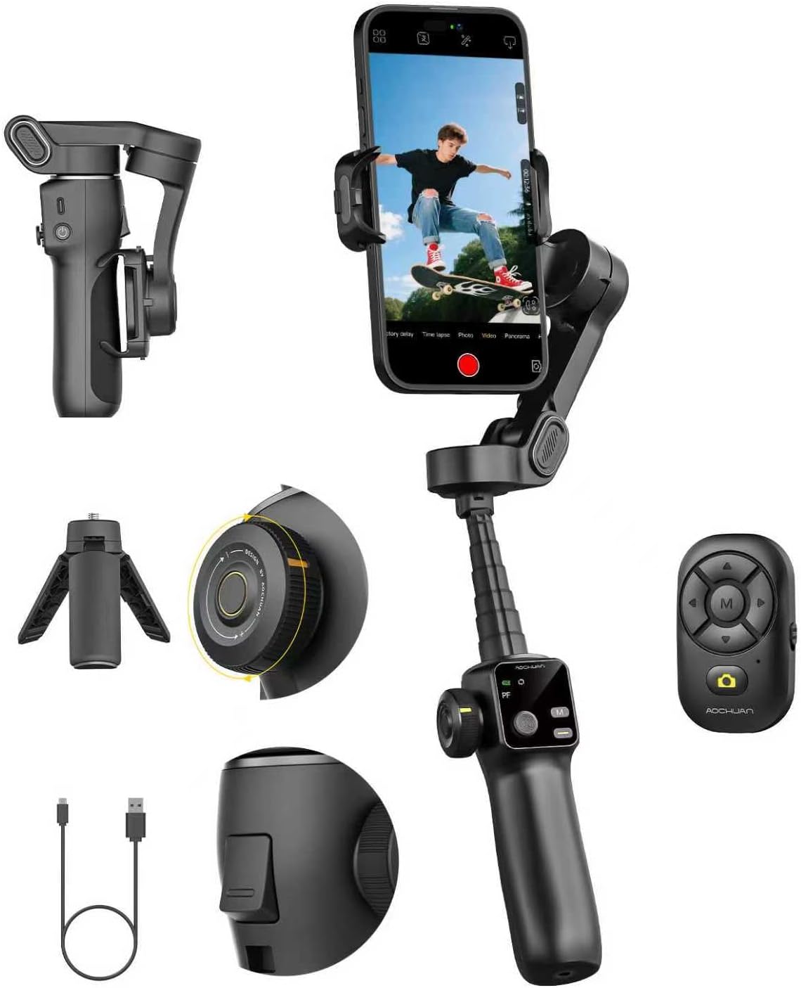 Gimbal Stabilizer for iPhone w/Bluetooth Remote, 3-axis Phone Stabilizer w/7.8” Extension Rod, AI Face Tracking