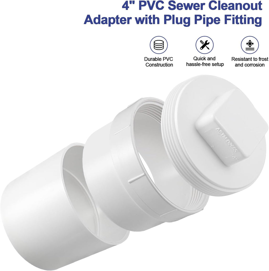 4-Inch PVC Sewer Cleanout Adapter, Hub Connection for Drain Pipe
