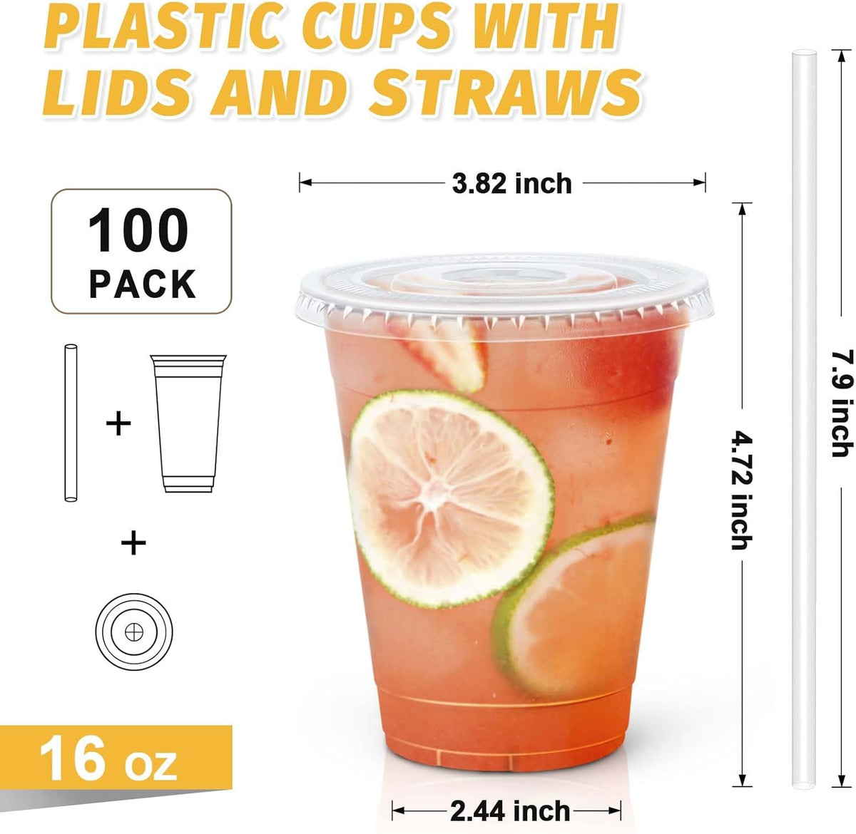 100 Pack 16 oz Disposable Clear Plastic Cups with Lids and Straws