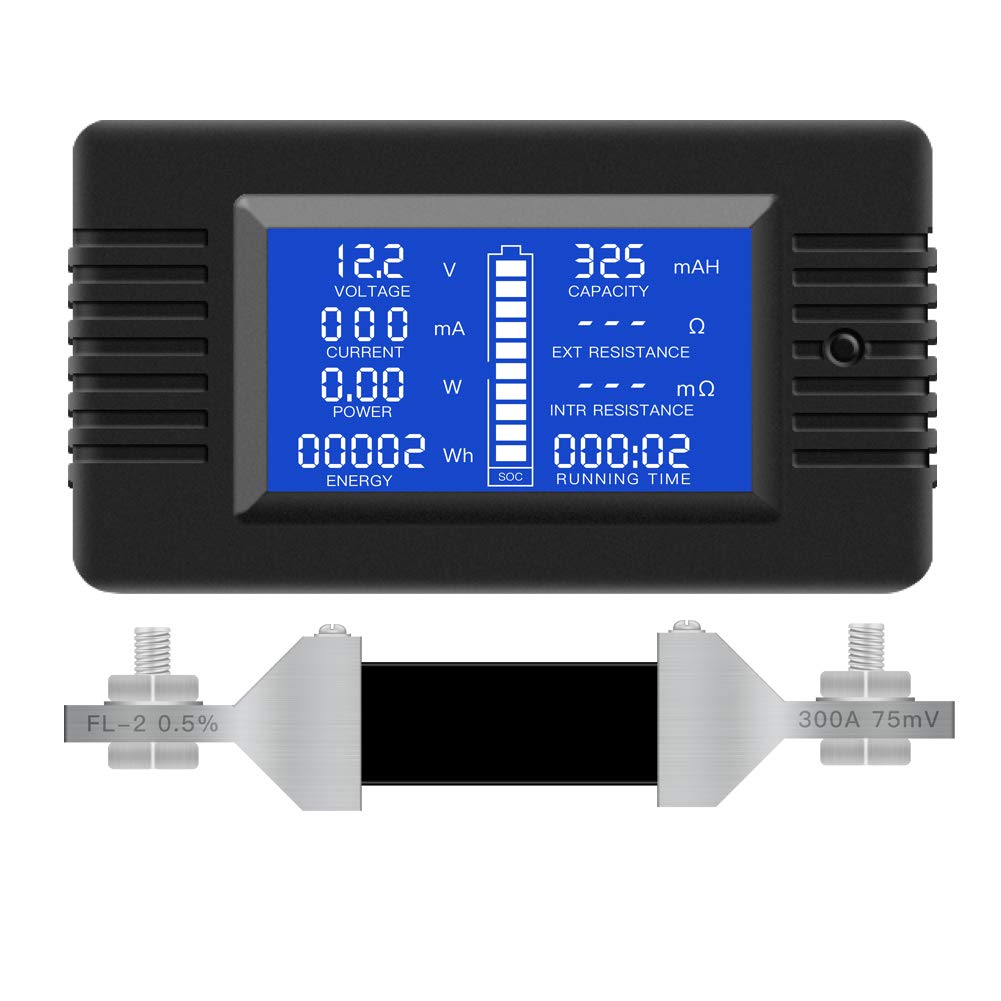 DC 0-200V 300A Battery Monitor with Shunt, 9-in-1 Digital LCD Multimeter | Multimeter for 12V/24V/48V Solar System