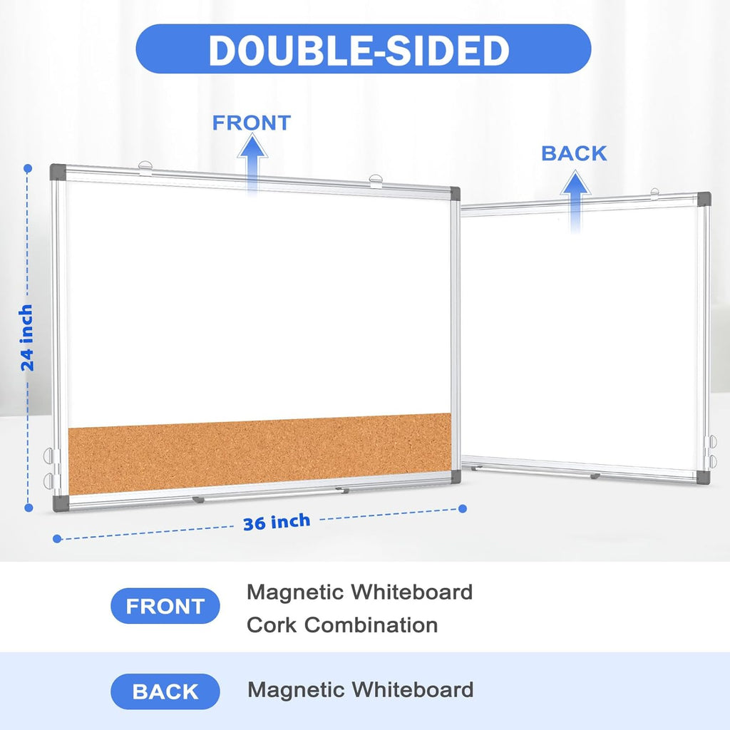 Whiteboard Cork Board Combo for Wall, WALGLASS 36" x 24" Double-Sided Large Dry Erase Whiteboard Corkboard