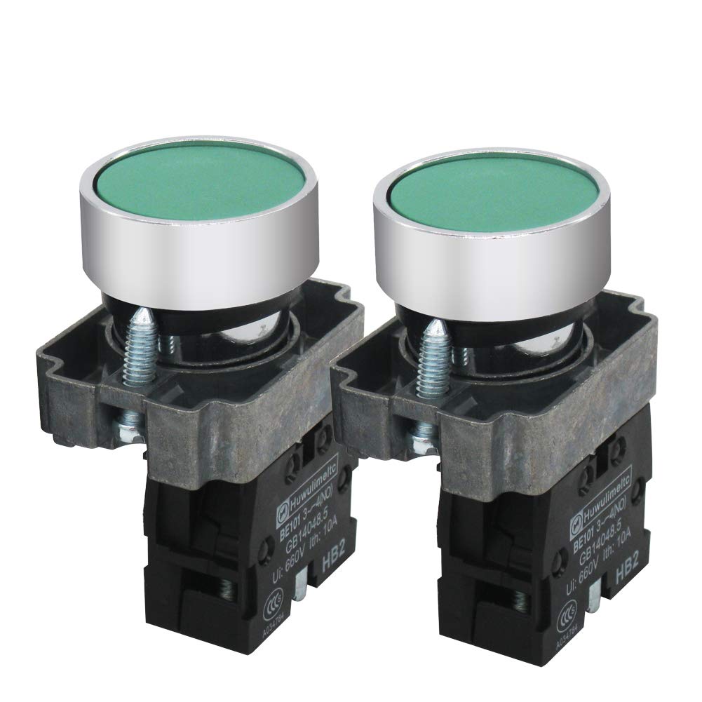 mxuteuk 2pcs 1 NO 22mm Green Momentary Push Button Switch 660V 10A SPST HB2-BA31-GG