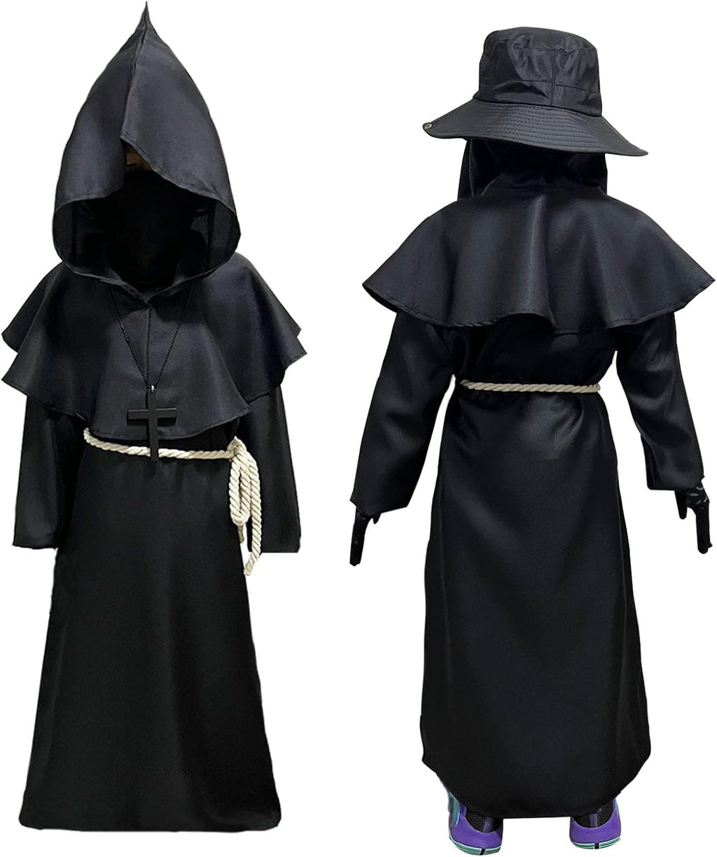 Plague Doctor Costume Kids Scary Halloween Costumes Outfits 130 | Halloween Mask Hat Cane Robe Hood Goves