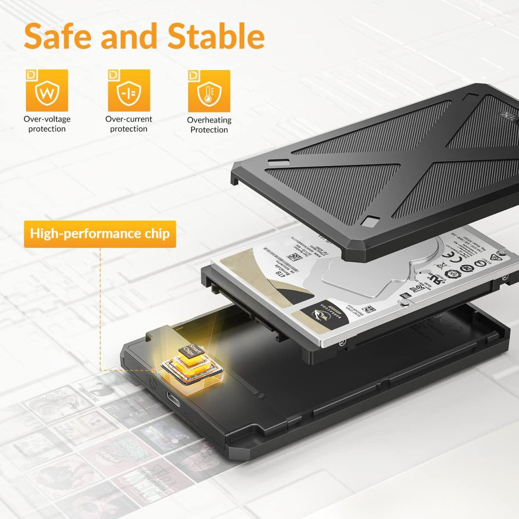 2.5 inch Hard Drive Enclosure, 6Gbps USB C 3.1 to SATA III Tool-Free External Hard Drive Enclosure for 7mm/9.5mm 2.5"