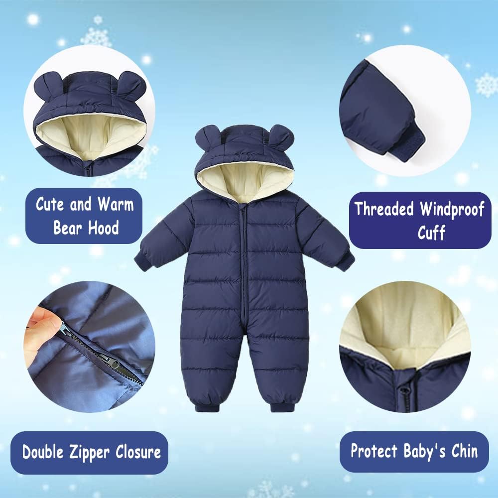 Infant Toddler Snowsuit Cute Baby Bear Suit Newborn Winter Coat Warm Hooded Jumpsuit for Boys Girls