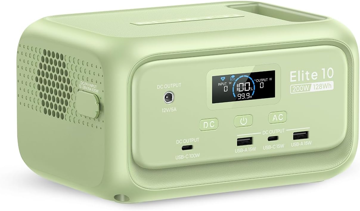 Elite 10 Mini Portable Power Station, 128Wh LiFePO4 Battery with 200W AC Outlet, 10ms UPS Backup, Fast Recharge Solar