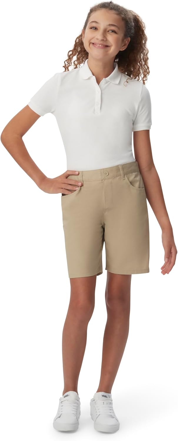 Girls' Pull-On Twill Short, Khaki, 16.5 Plus | Elastic waist-back with faux button and fly; Offered in Standard and