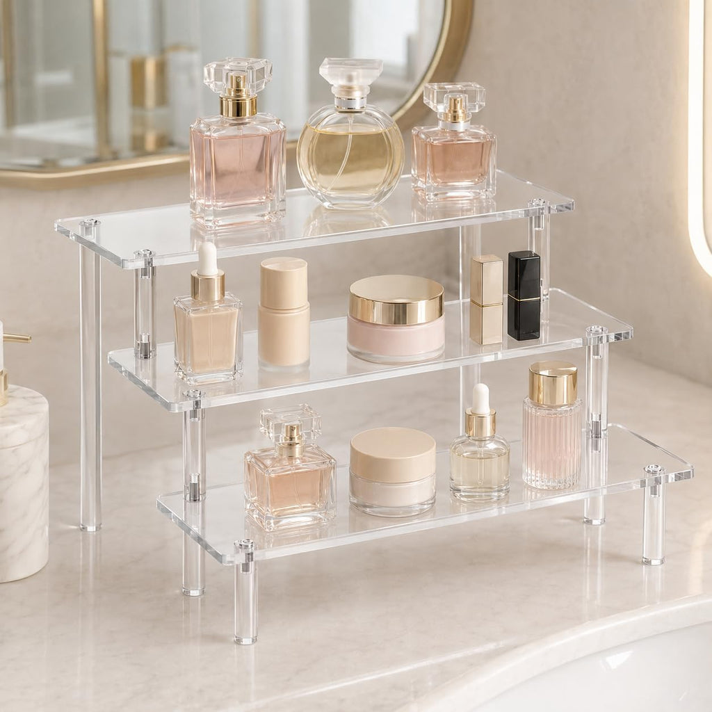 Acrylic Display Risers, 3 Tier Perfume Organizer,Clear Cupcake Stand Holder | Large Shelf Risers for Figures, Display