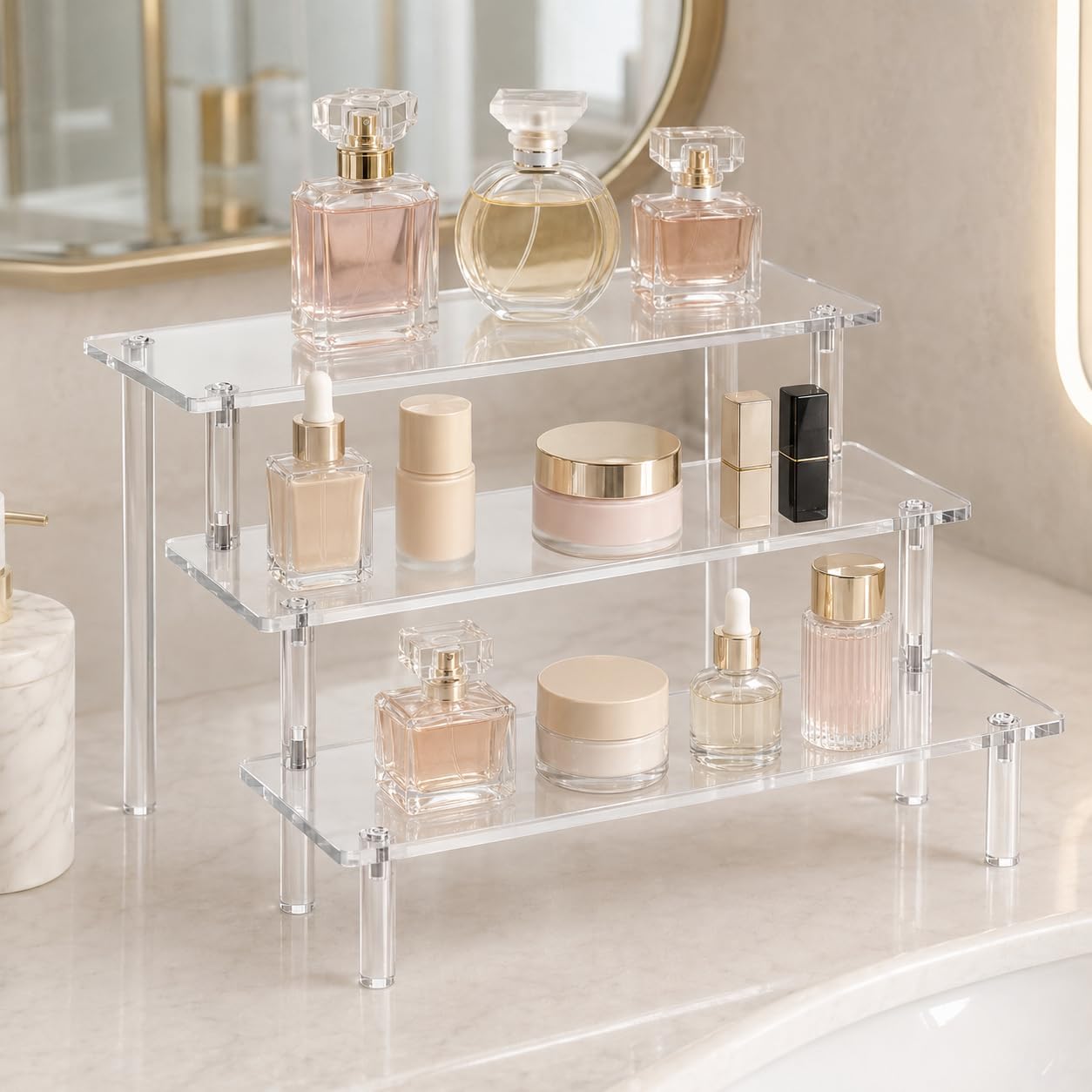 Acrylic Display Risers, 3 Tier Perfume Organizer,Clear Cupcake Stand Holder | Large Shelf Risers for Figures, Display