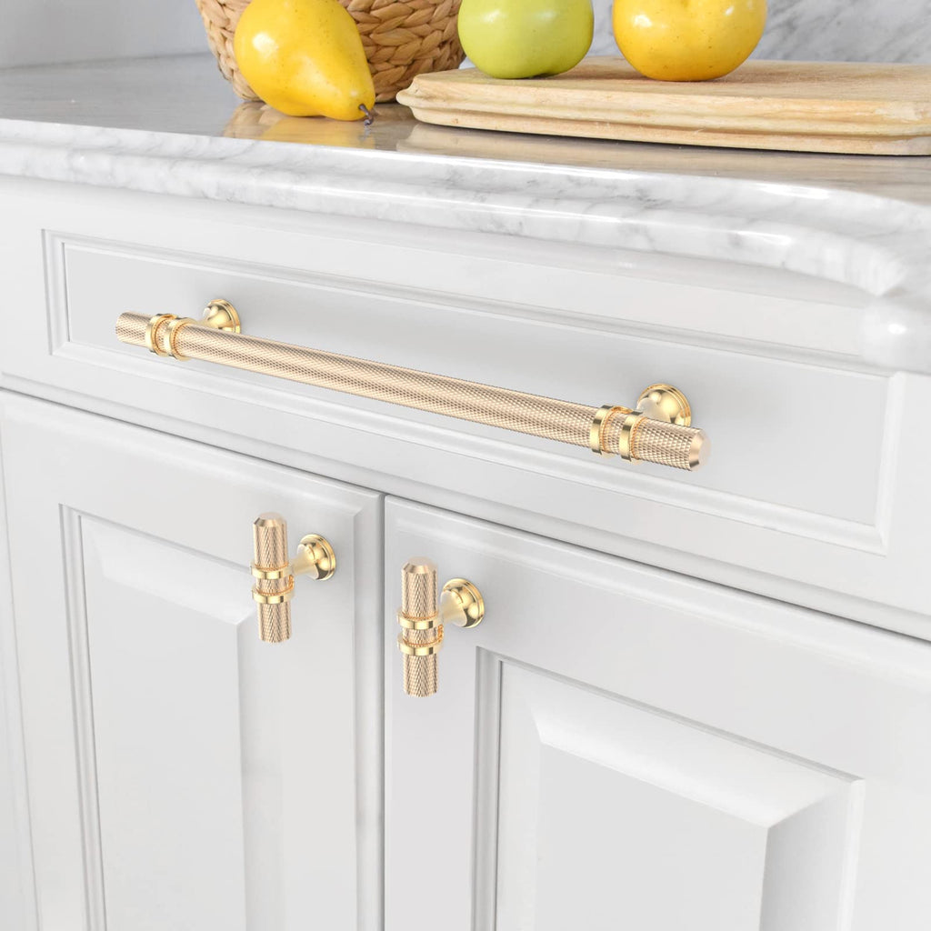 6 Pack 10 Inch(254mm) Knurled Brushed Brass Kitchen Cabinet Handles, Glod Cabinet Pulls Kitchen Cabinet Hardware