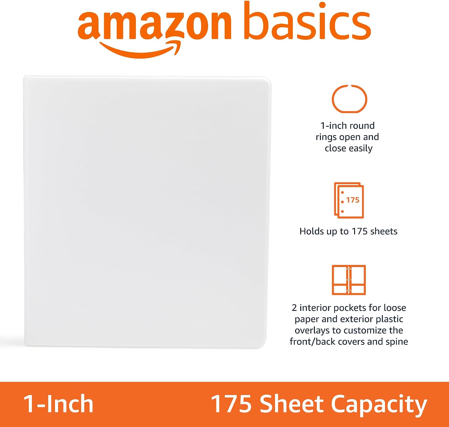 3-Ring Binder with Round Rings and Interior Pockets, 1-Inch, White, 4-Pack