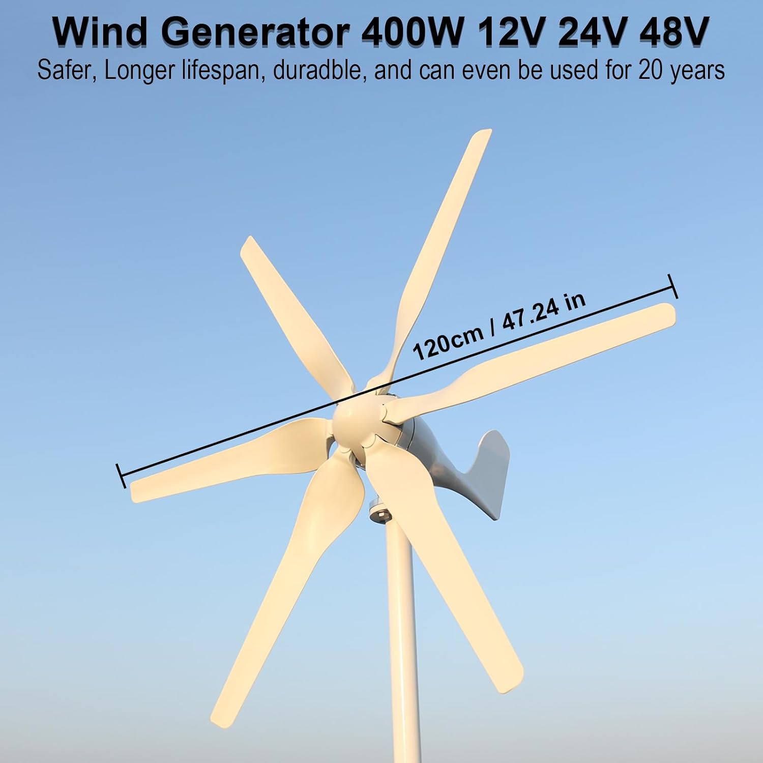 Wind Turbine Generator 400W 12V 6-Blade Wind Power Generator with Mppt Charge Controller,RV Wind Power Generator, Off